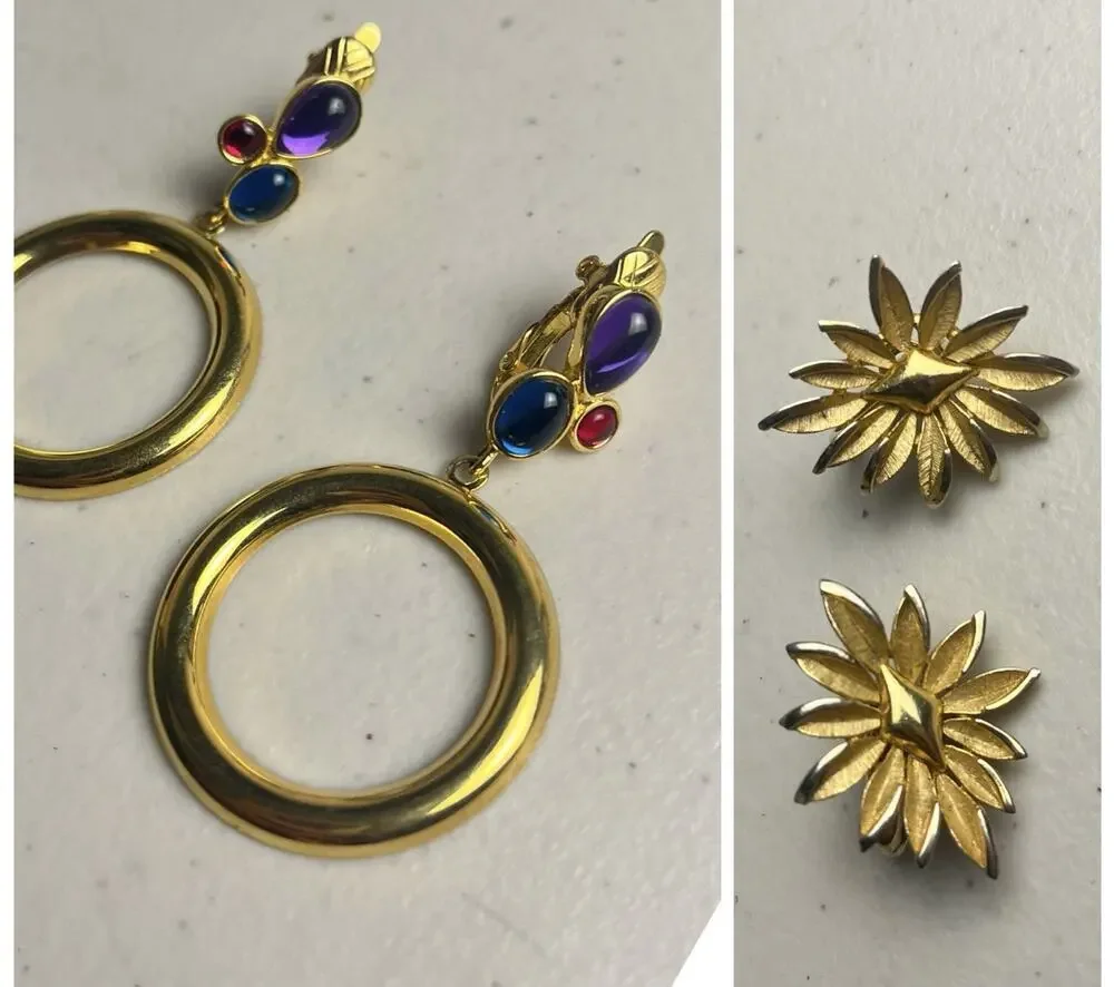 Trifari Clip On Earrings Lot Jelly Cabochon Door Knockers Starburst Gold Tone